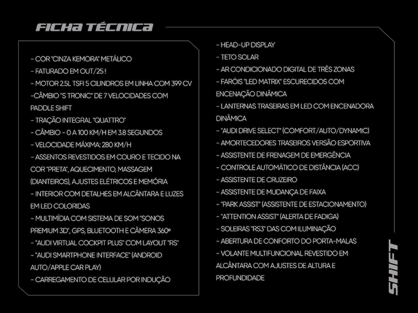 Foto do veículo AUDI RS3  SEDAN 2.5 TFSI QUATTRO S-TRONIC 2026 785 KM 645.000,00