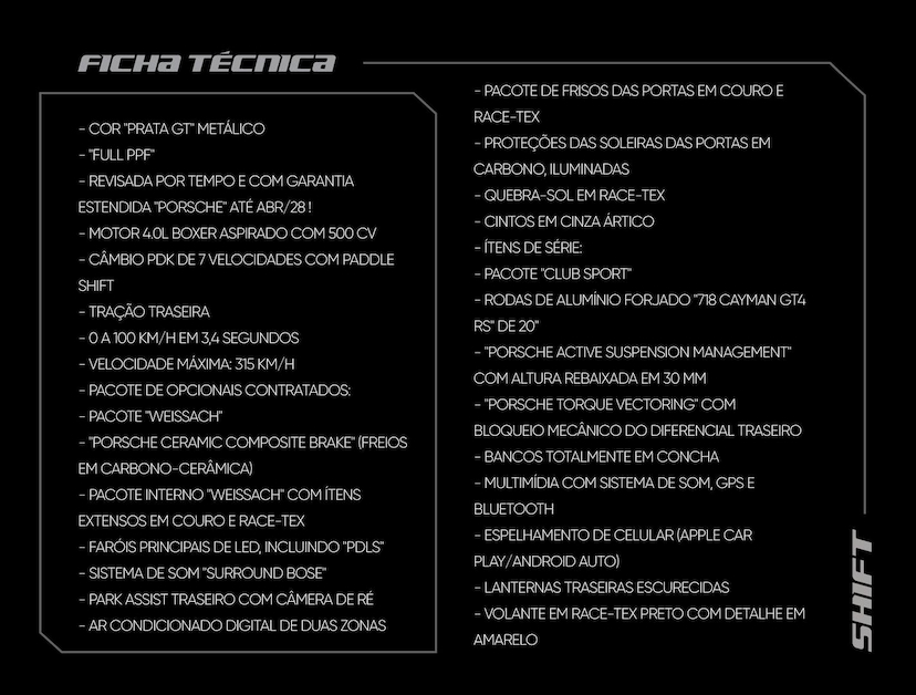 Foto do veículo PORSCHE 718  CAYMAN GT4 RS 4.0 500CV 2024 4.340 KM 1.750.000,00