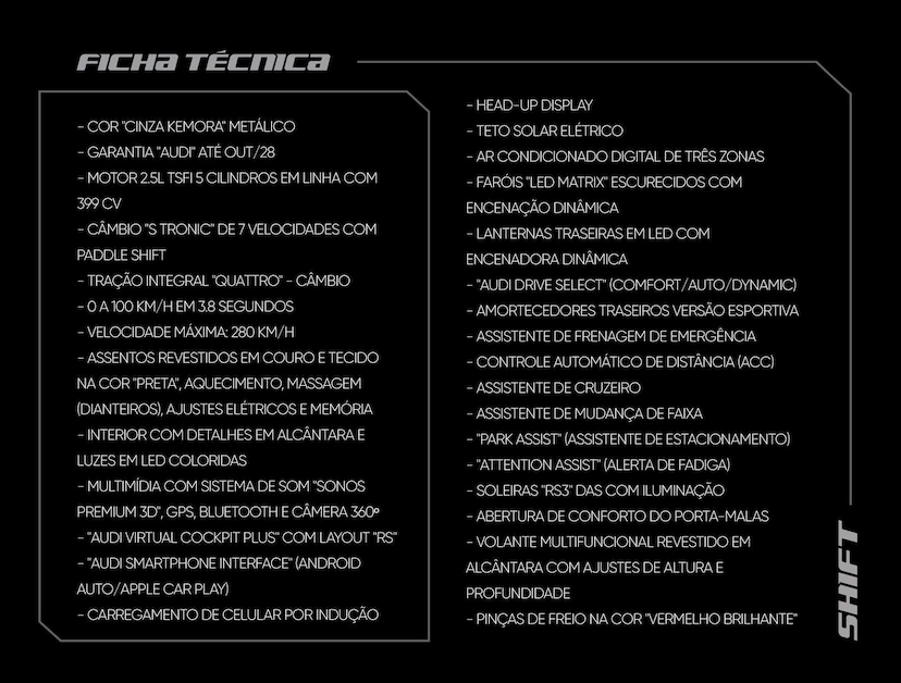 Foto do veículo AUDI RS3  SEDAN 2.5 TFSI QUATTRO S-TRONIC 2026 2.545 KM 575.000,00