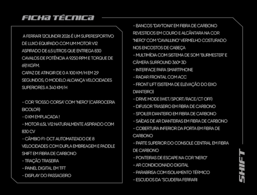 Foto do veículo FERRARI 12CILINDRI FERRARI  SPIDER 2026 90 KM 7.500.000,00
