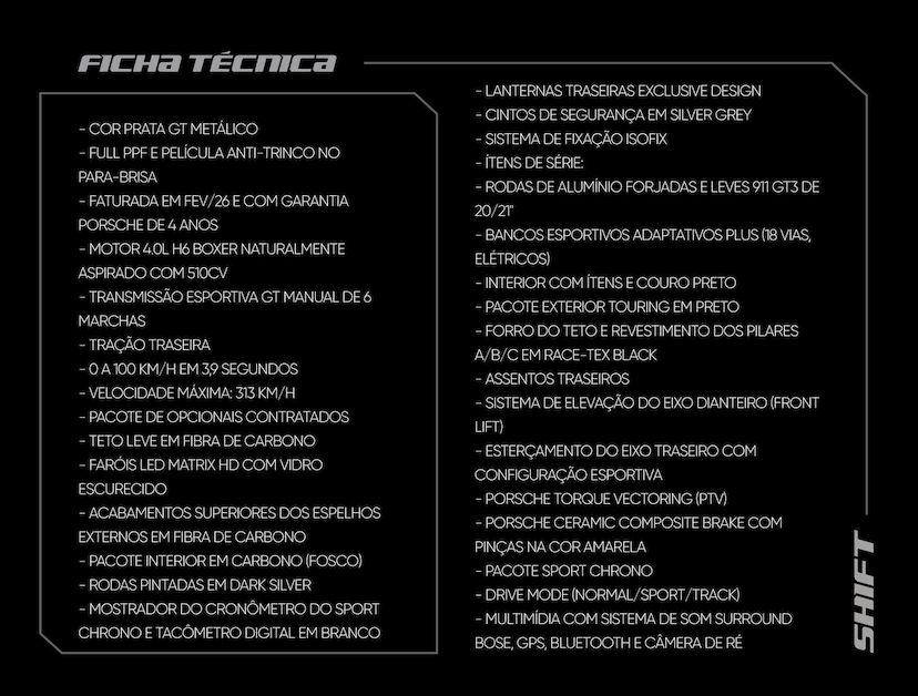 Foto do veículo PORSCHE 911  GT3 TOURING 2026 1.275 KM 2.350.000,00