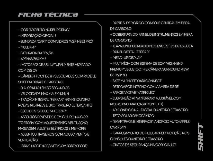 Foto do veículo FERRARI PUROSANGUE  2026 380 KM R$ 7.490.000,00